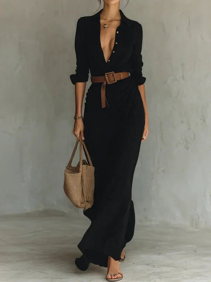 Ruched Maxi Shirt Dress - Navy Blue