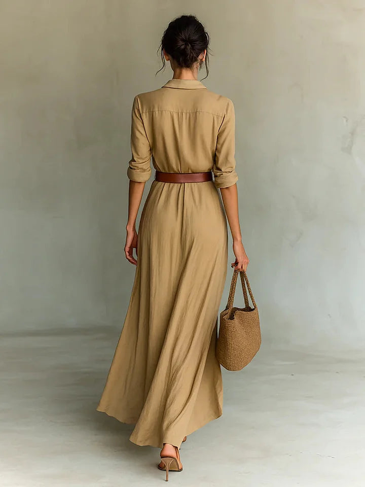Ruched Maxi Shirt Dress - Khaki