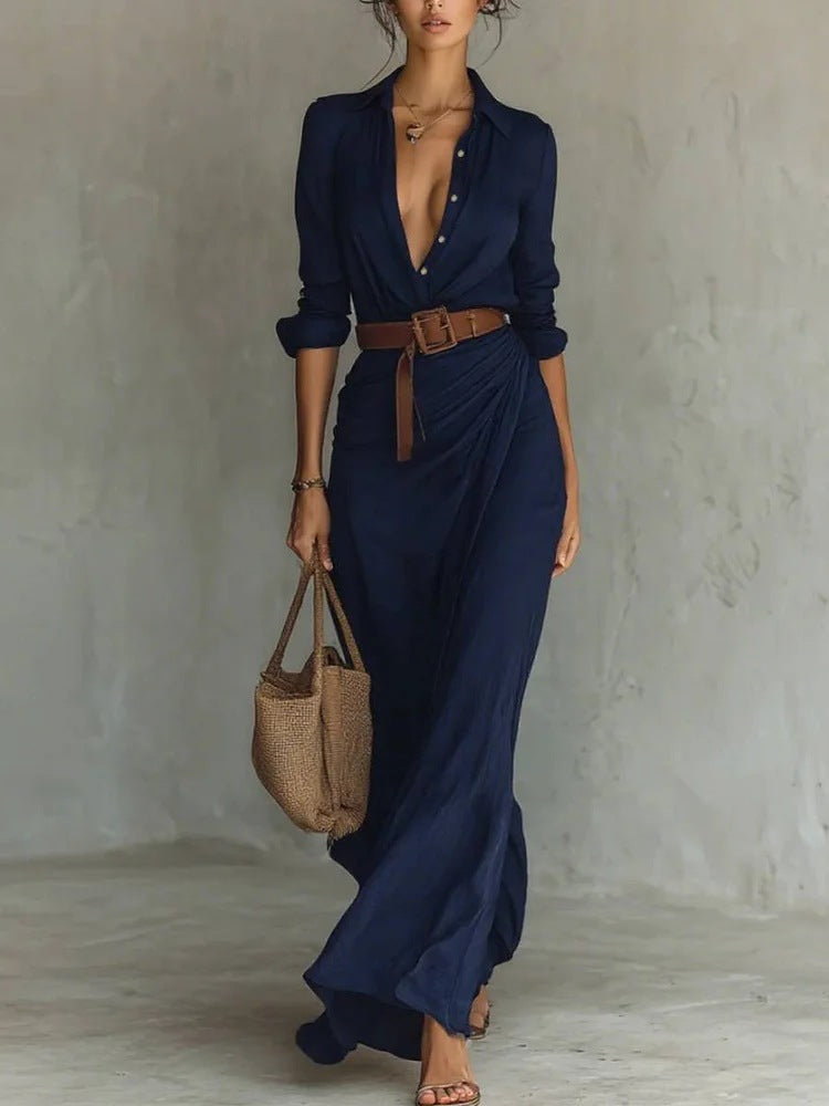 Ruched Maxi Shirt Dress - Black