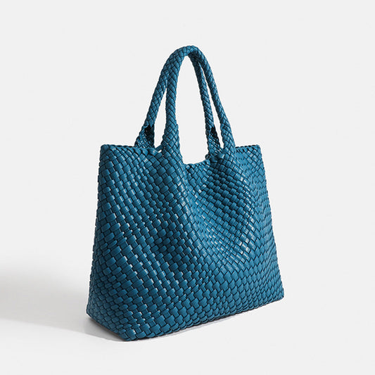 Woven Leather Tote Bag - Blue