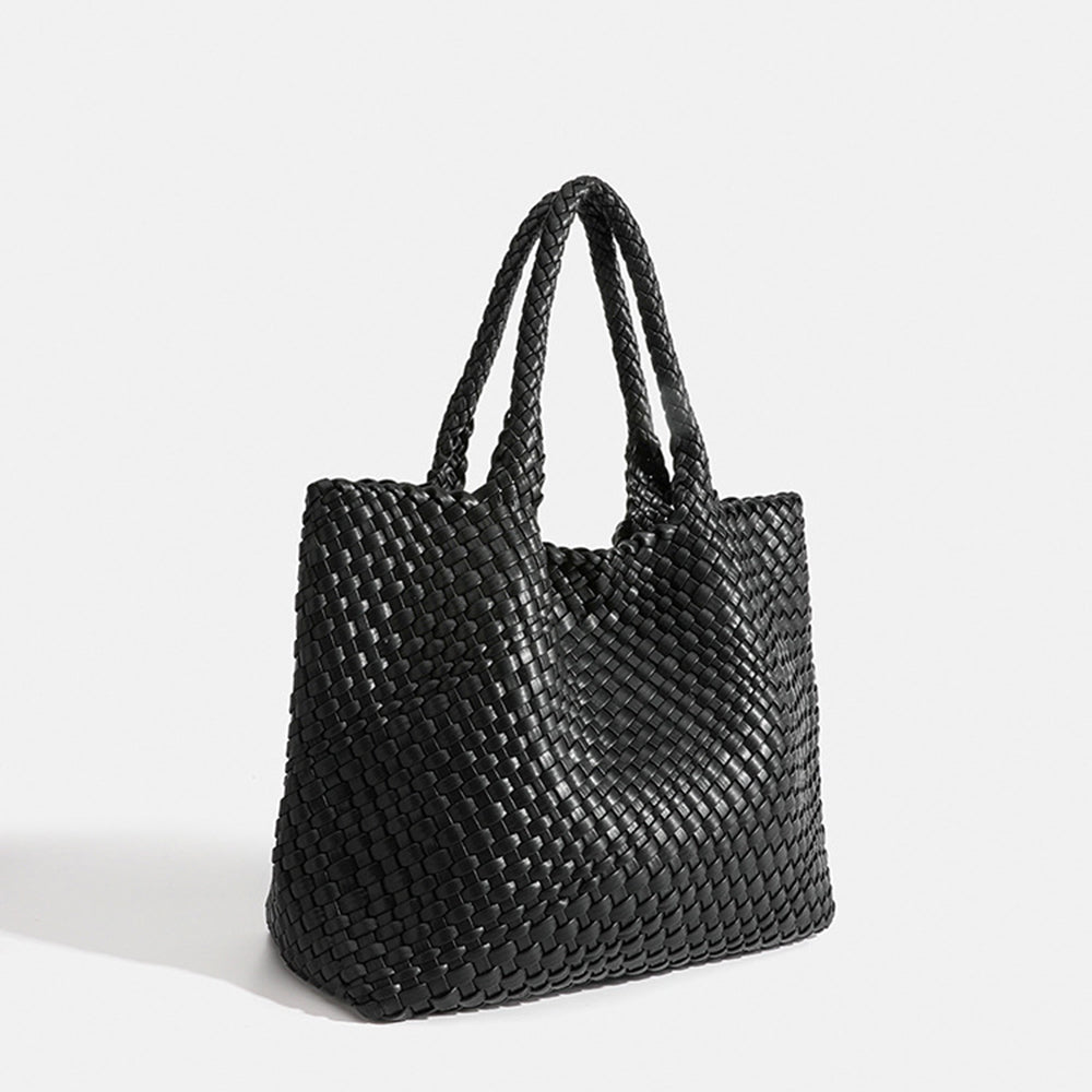 Woven Leather Tote Bag - Black