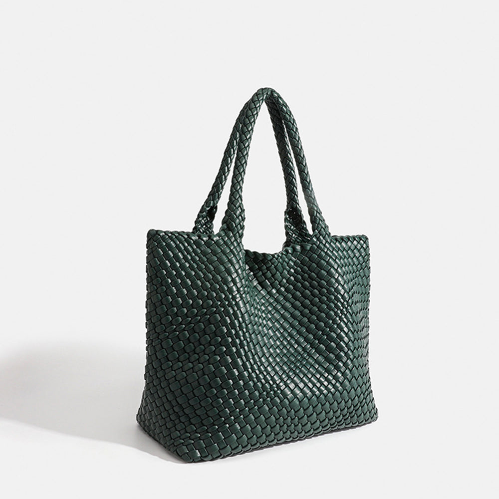 Woven Leather Tote Bag - Dark Green