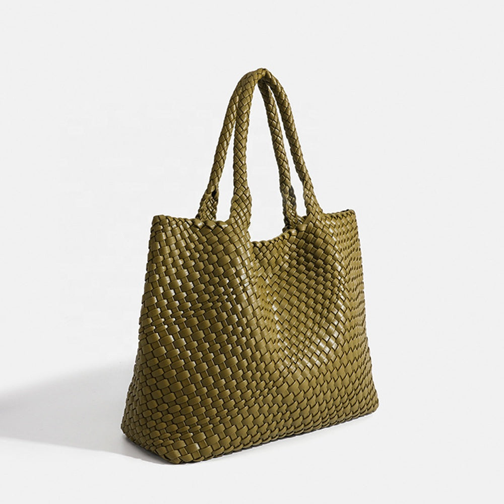 Woven Leather Tote Bag - Olive Green