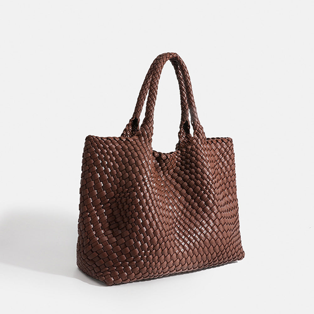 Woven Leather Tote Bag - Coffee Brown