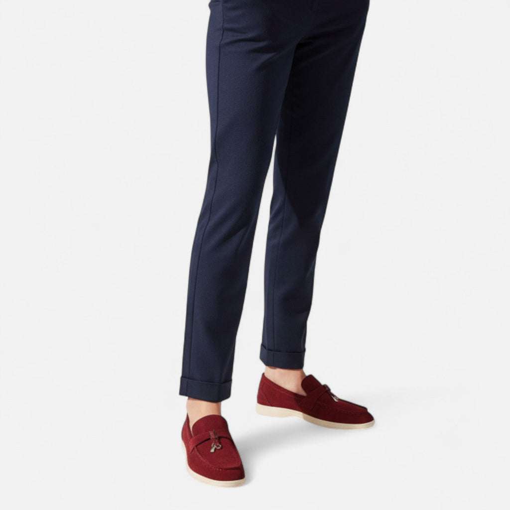 Old Money Lady Loafers - Wine Red styled with navy