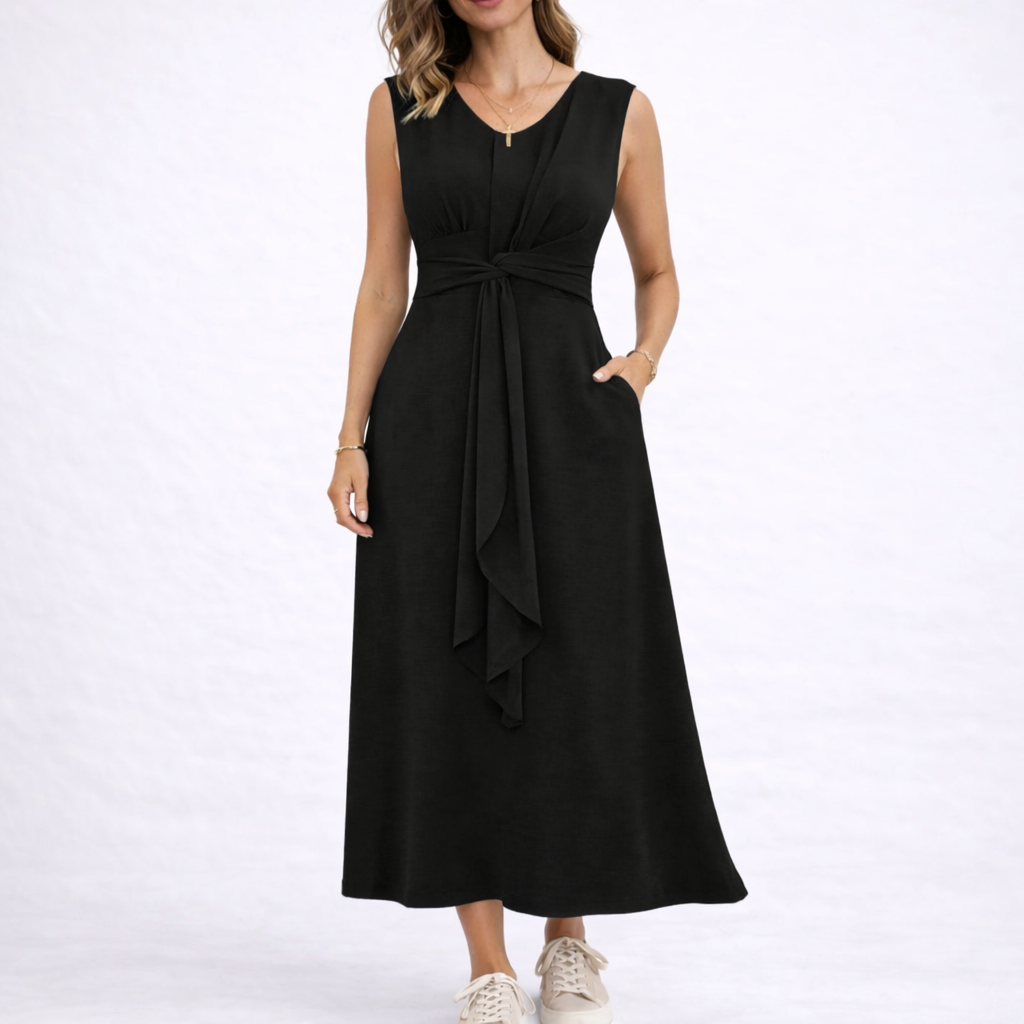 Sleeveless Waist-Tie Midi Dress - Black