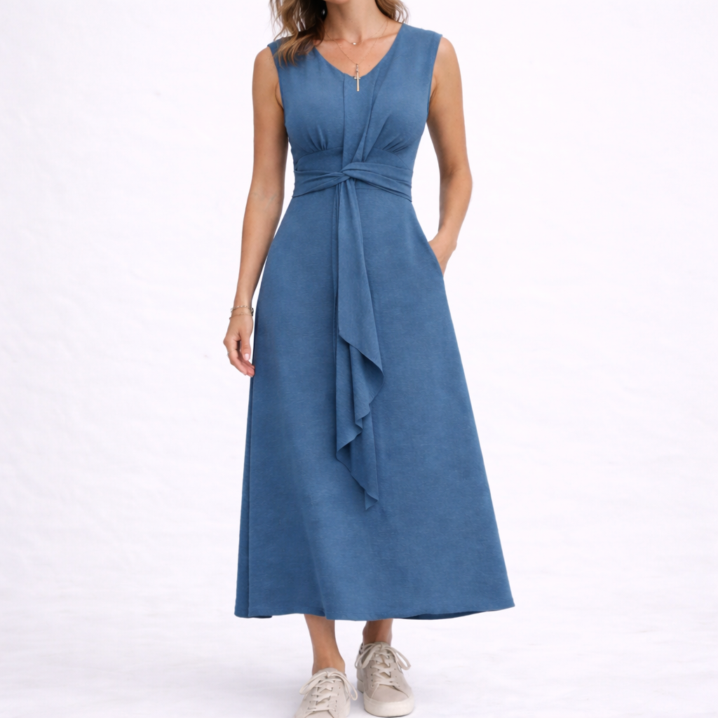 Sleeveless Waist-Tie Midi Dress - Blue
