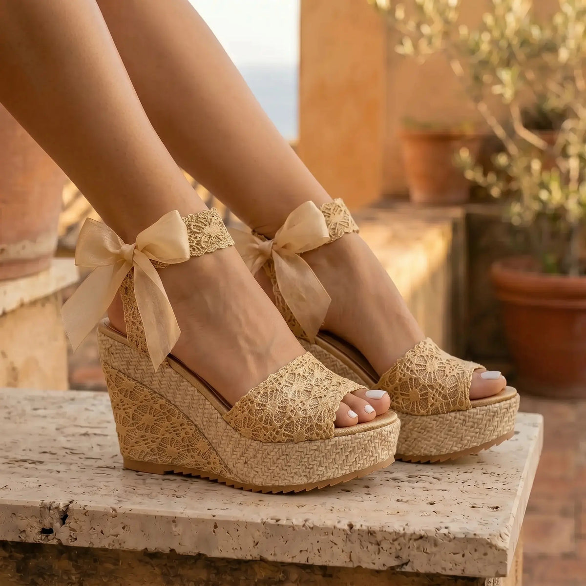 Oruzen Espadrille Wedges - Champagne Gold Lace lifestyle