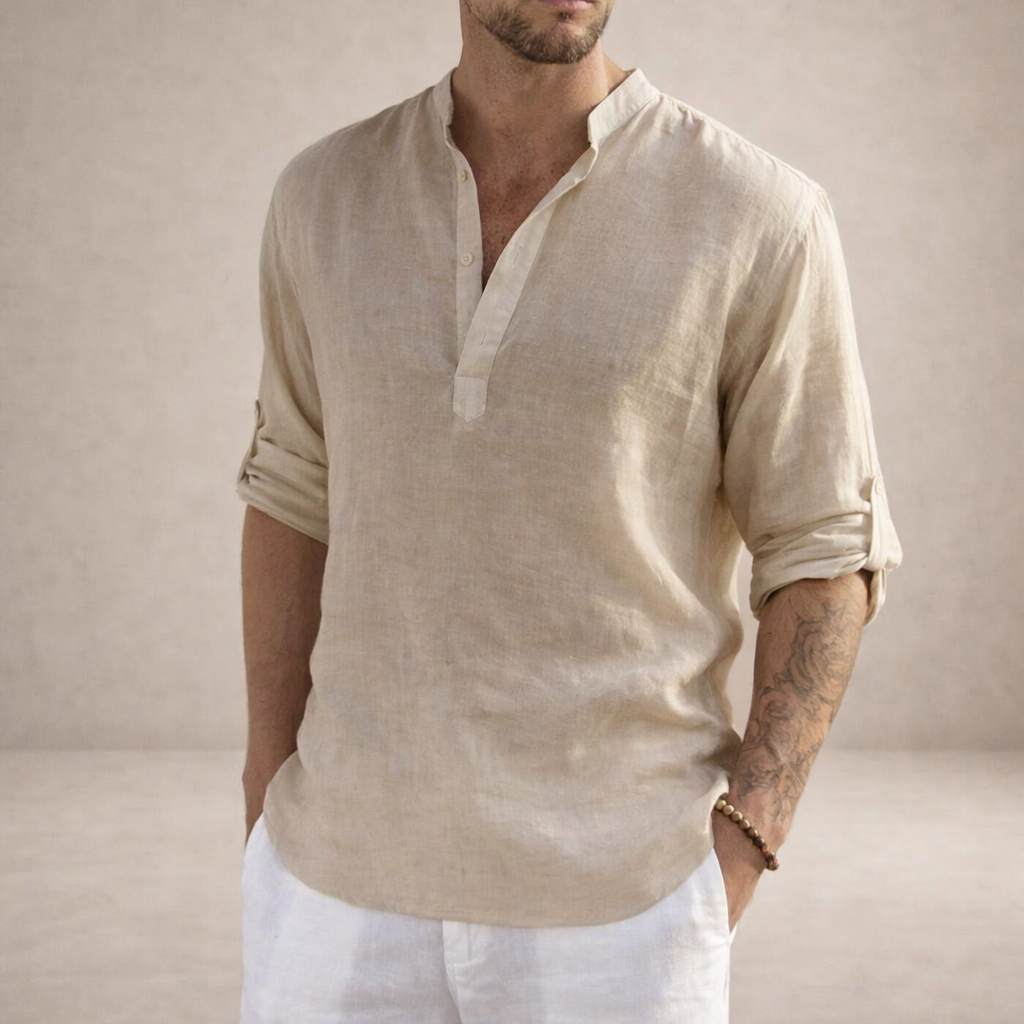 Men's Linen Shirt Standing Collar - Beige