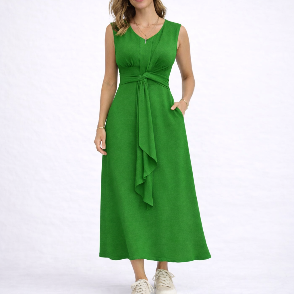 Sleeveless Waist-Tie Midi Dress - Green