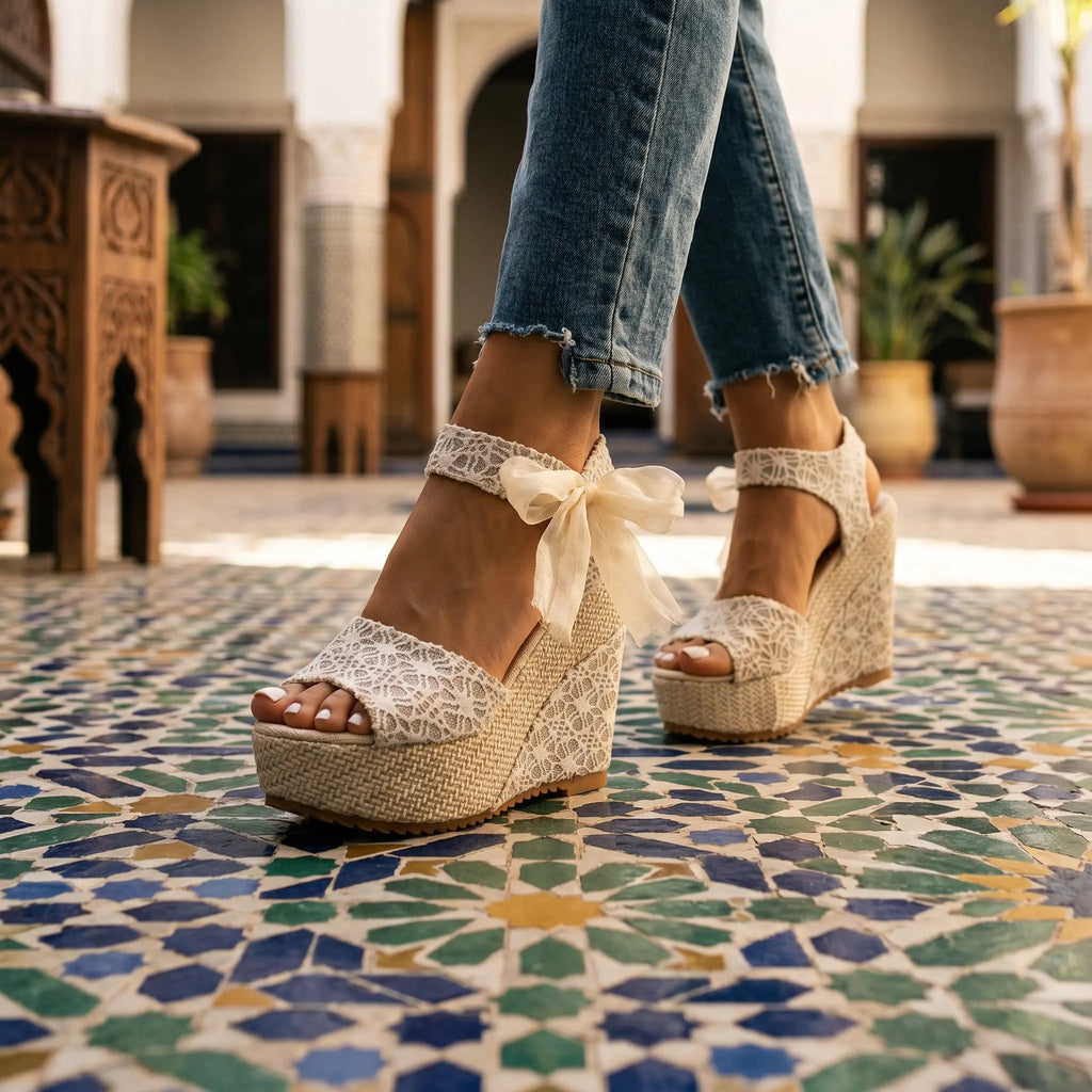 Oruzen Espadrille Wedges - Ivory lace courtyard lifestyle