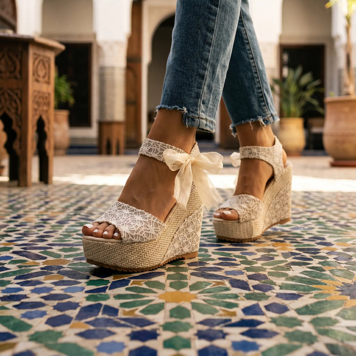 Oruzen Espadrille Wedges - Ivory lace courtyard lifestyle