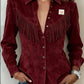Fringe Suede Shirt Jacket - Dark Red