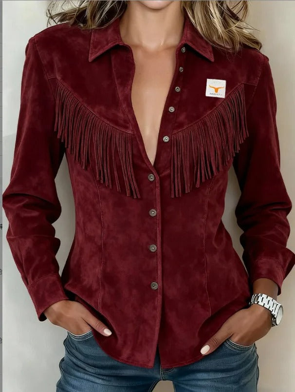 Fringe Suede Shirt Jacket - Dark Red