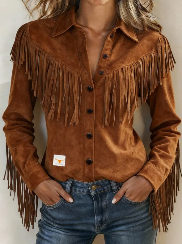 Fringe Suede Shirt Jacket - Dark Brown