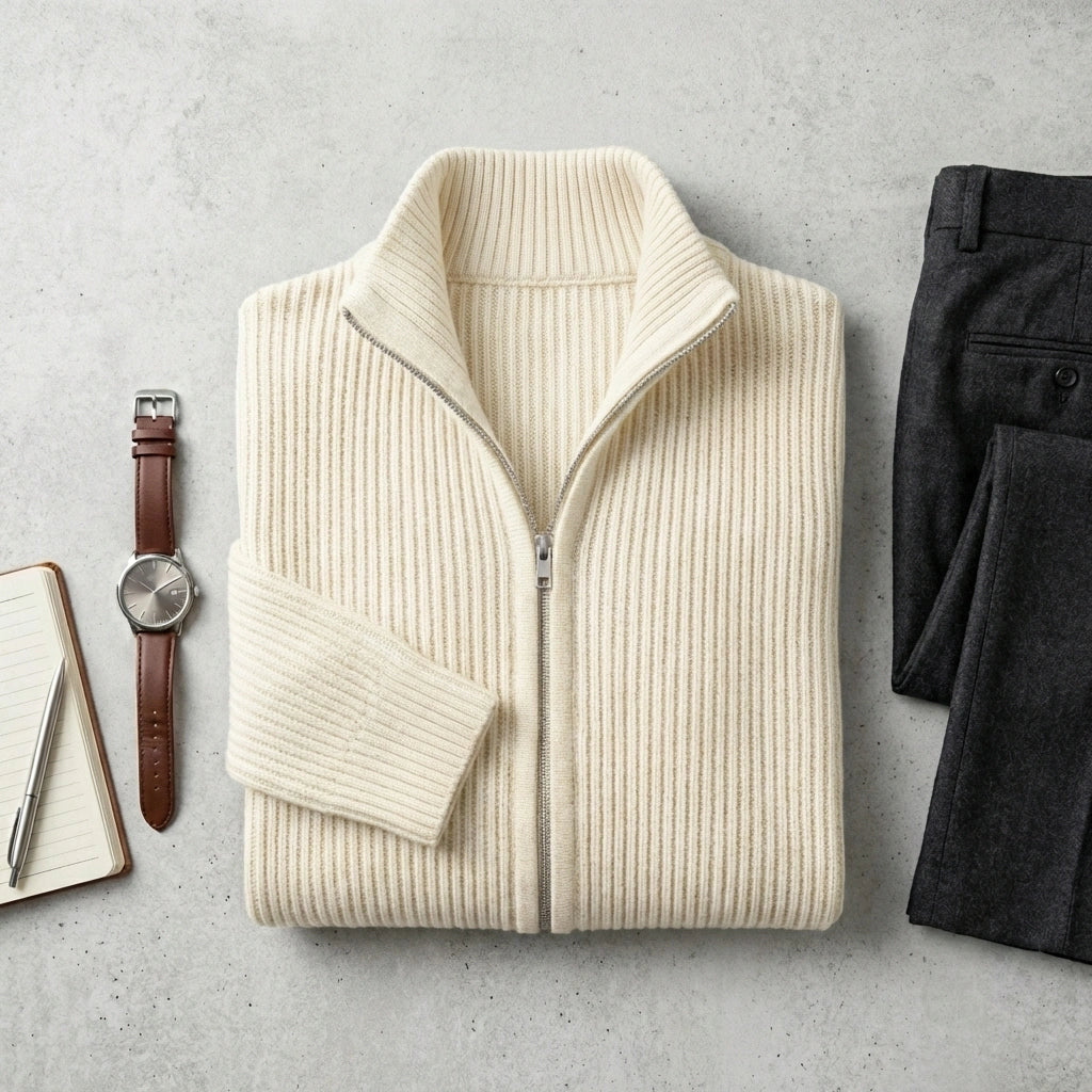 Nordic Ribbed Zip Cardigan - Sand Beige flat lay outfit grid