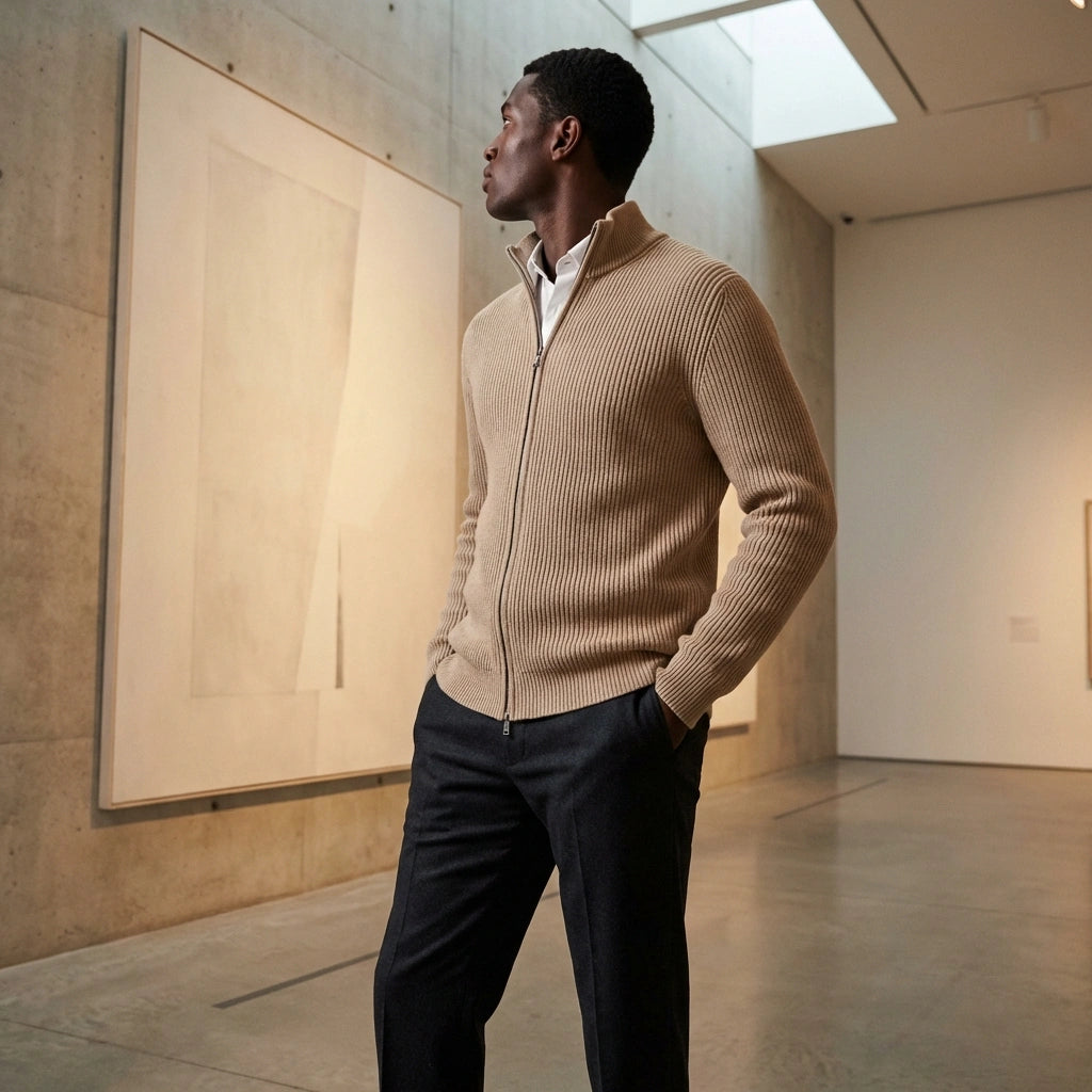Nordic Ribbed Zip Cardigan - Sand Beige lifestyle white shirt