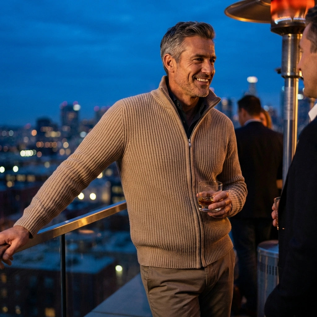 Nordic Ribbed Zip Cardigan - Sand Beige rooftop evening