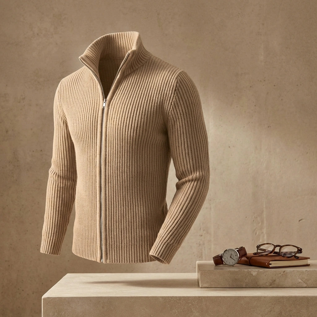 Kaelon Ribbed Zip Cardigan - stand collar detail