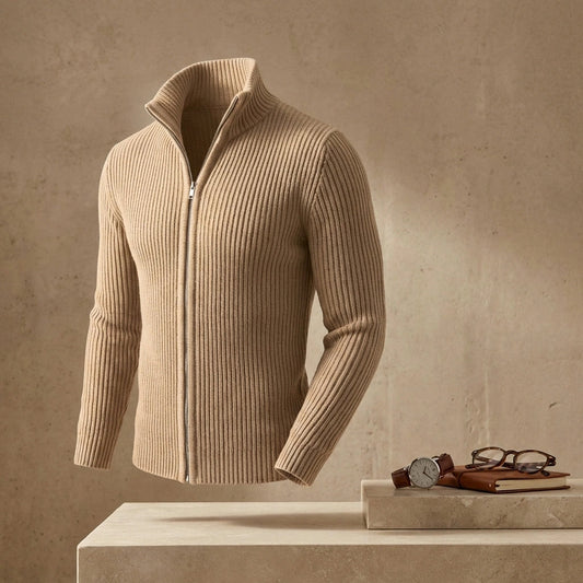 Kaelon Ribbed Zip Cardigan - stand collar detail