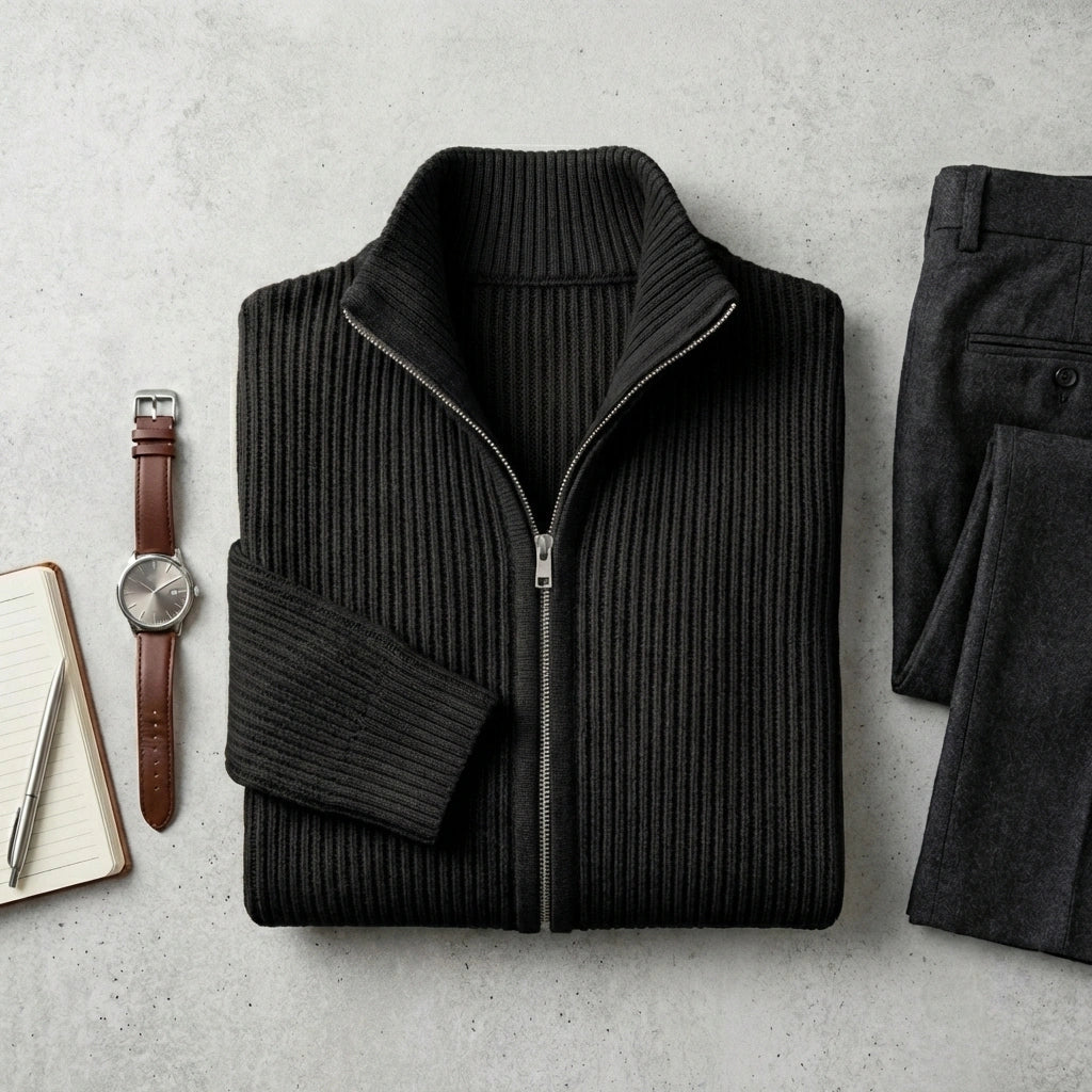 Kaelon Ribbed Zip Cardigan - Jet Black flat lay