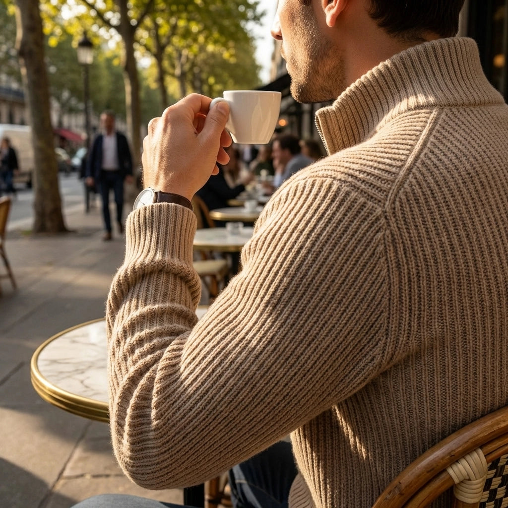 Nordic Ribbed Zip Cardigan - Sand Beige cafe lifestyle