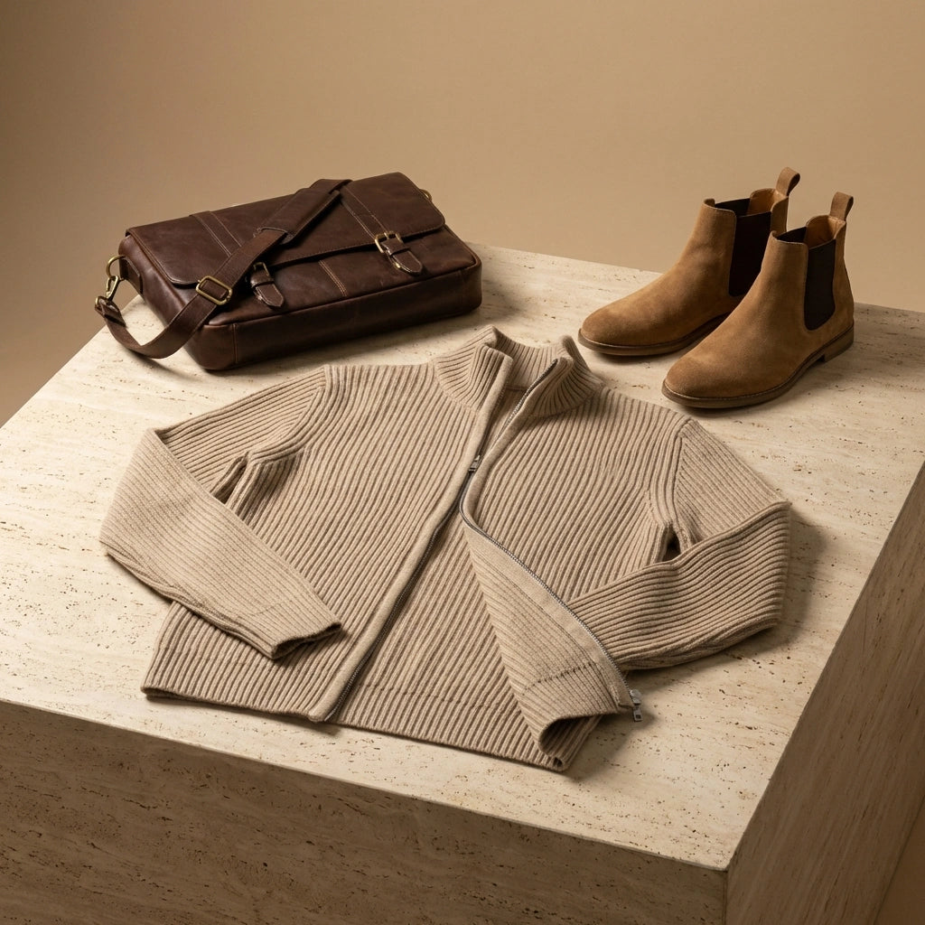 Nordic Ribbed Zip Cardigan - Sand Beige flat lay outfit