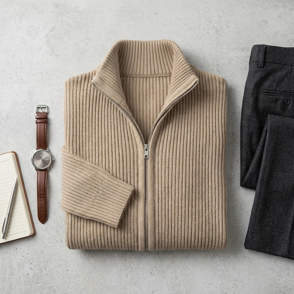Kaelon Ribbed Zip Cardigan - Sand Beige flat lay