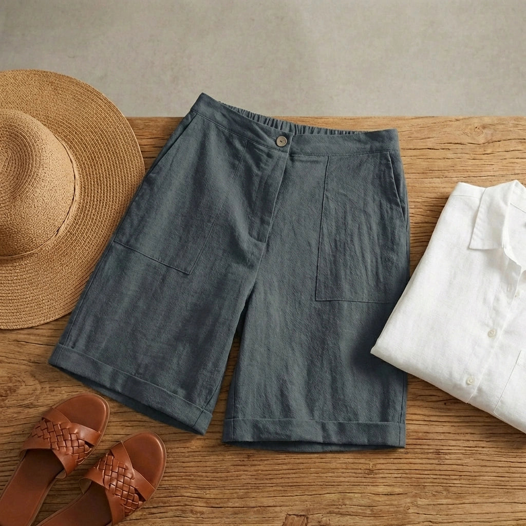 Linara Linen Bermuda Shorts - Charcoal Slate flat lay