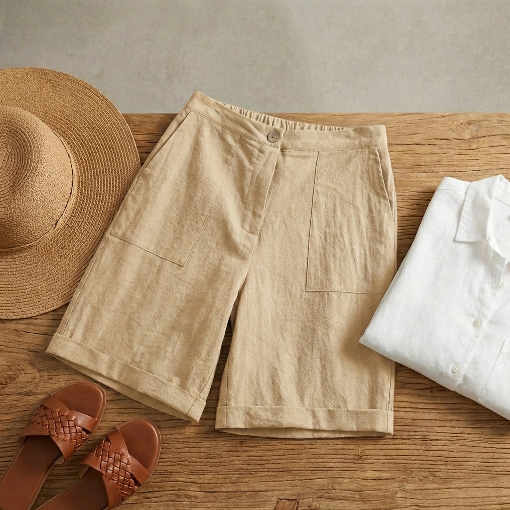 Linara Linen Bermuda Shorts - Pure Ivory flat lay