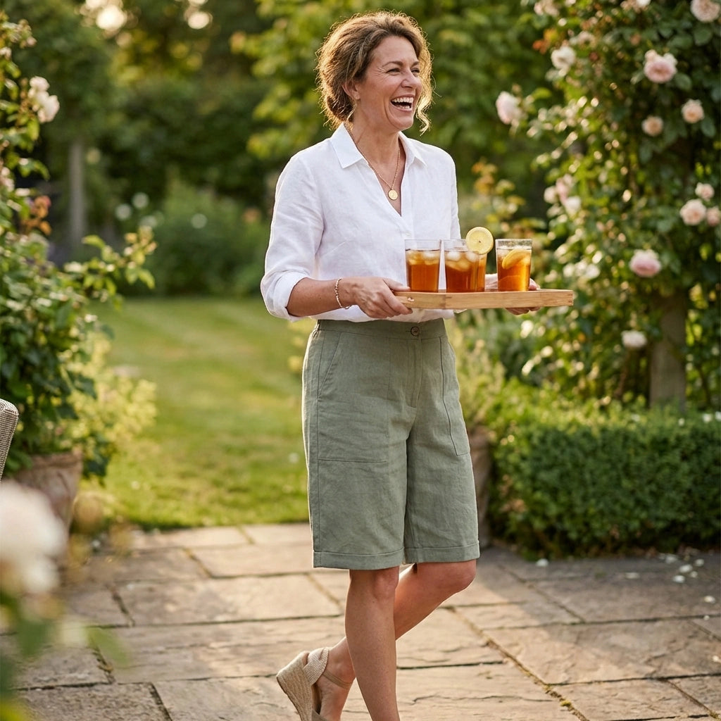 Linara Linen Bermuda Shorts - Sage Green garden lifestyle