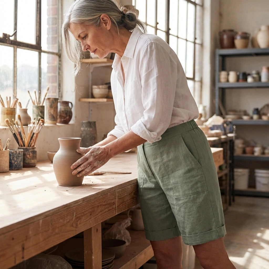 Linara Linen Bermuda Shorts - Sage Green pottery lifestyle