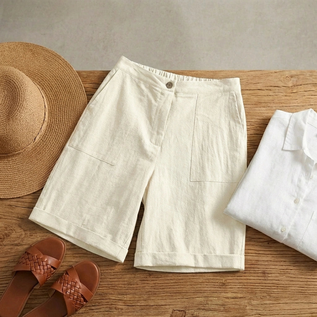 Linara Linen Bermuda Shorts - Natural Sand flat lay