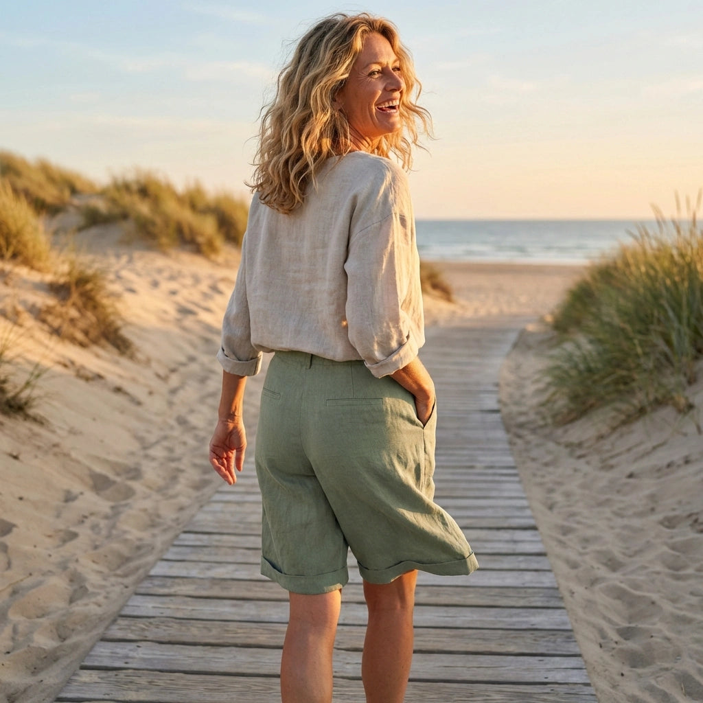 Linara Linen Bermuda Shorts - Sage Green beach lifestyle