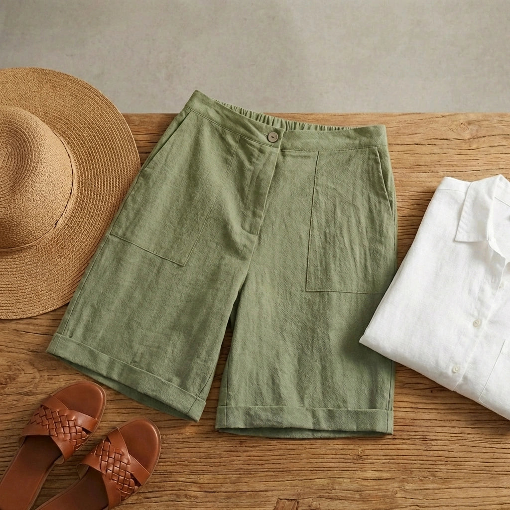 Linara Linen Bermuda Shorts - Sage Green flat lay