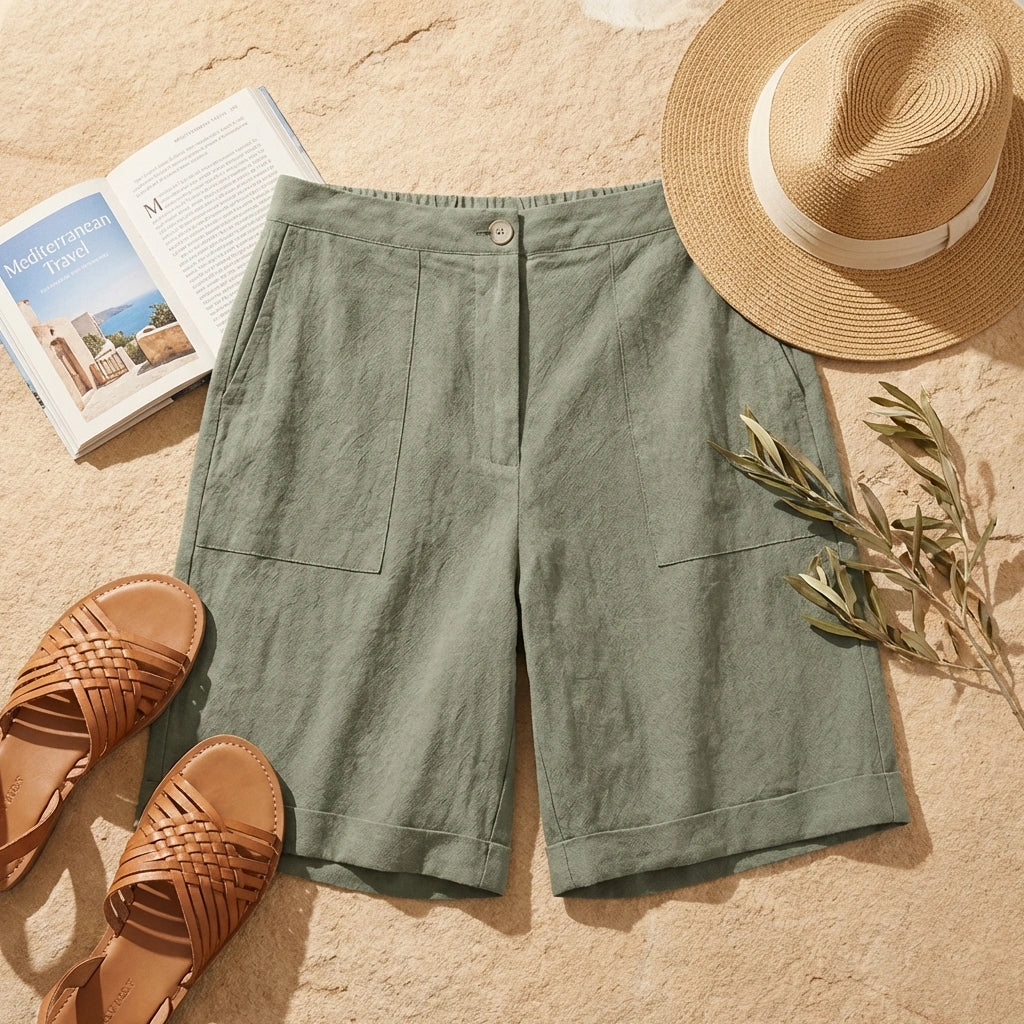 Linara Linen Bermuda Shorts - Sage Green flat lay accessories