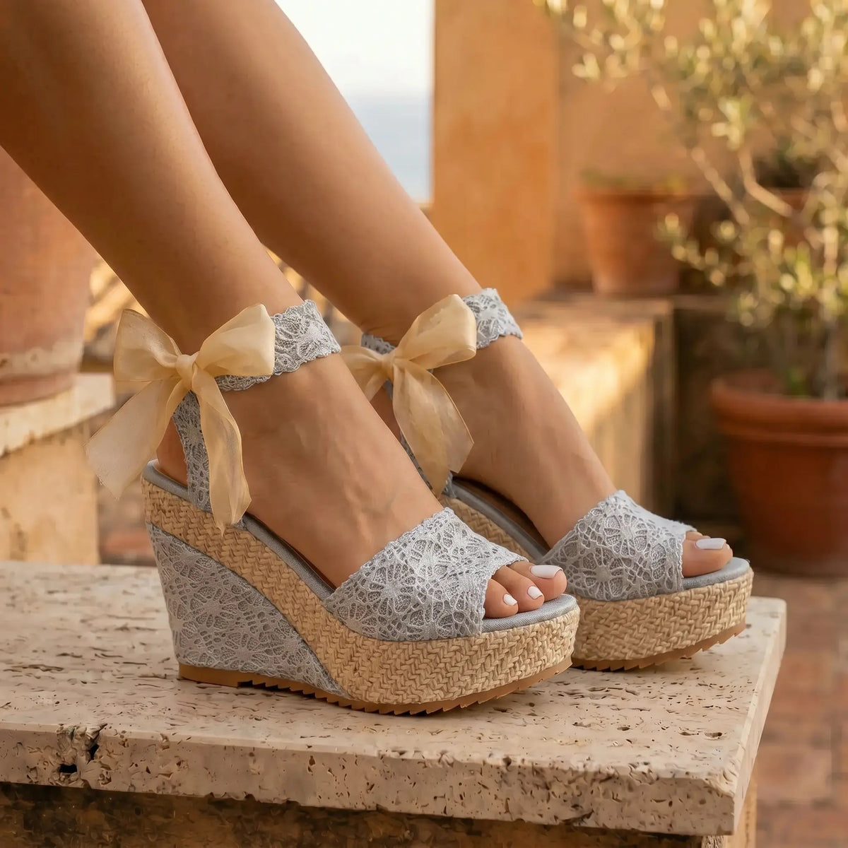 Oruzen Espadrille Wedges - Luminous Silver Lace lifestyle