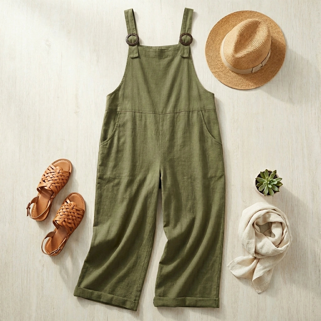 Cotton-Linen Overalls - Olive Green flat lay