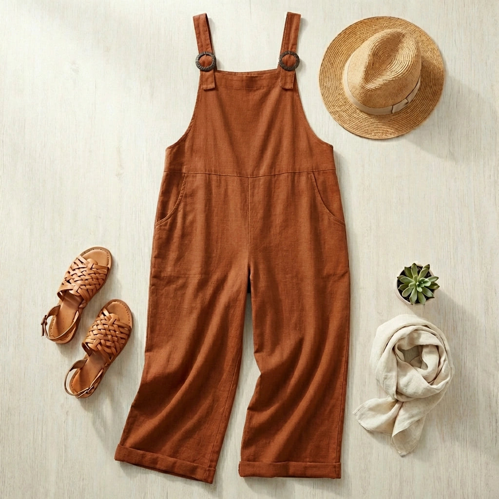 Cotton-Linen Overalls - Terracotta Red flat lay