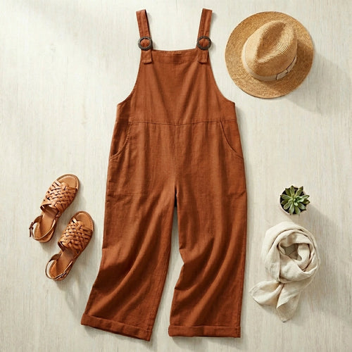 Cotton-Linen Overalls - Terracotta Red flat lay