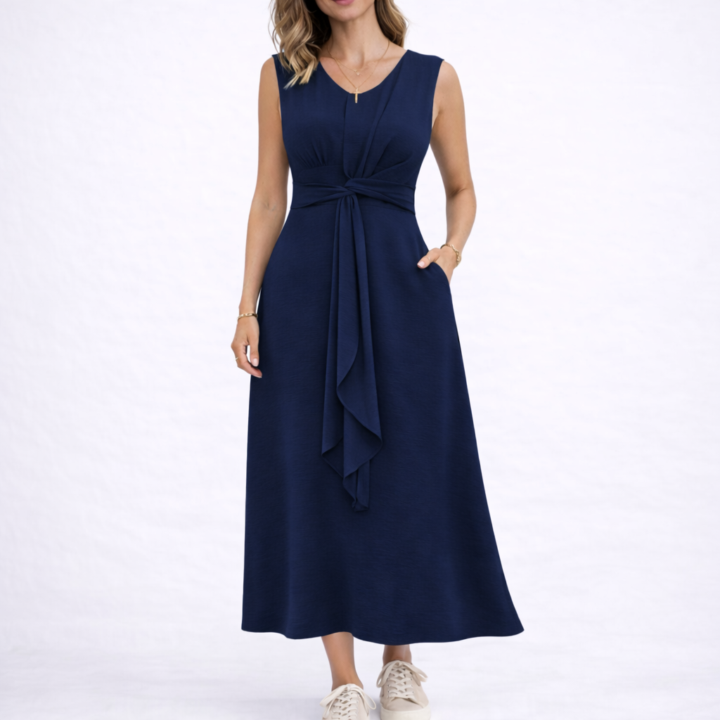 Sleeveless Waist-Tie Midi Dress - Navy
