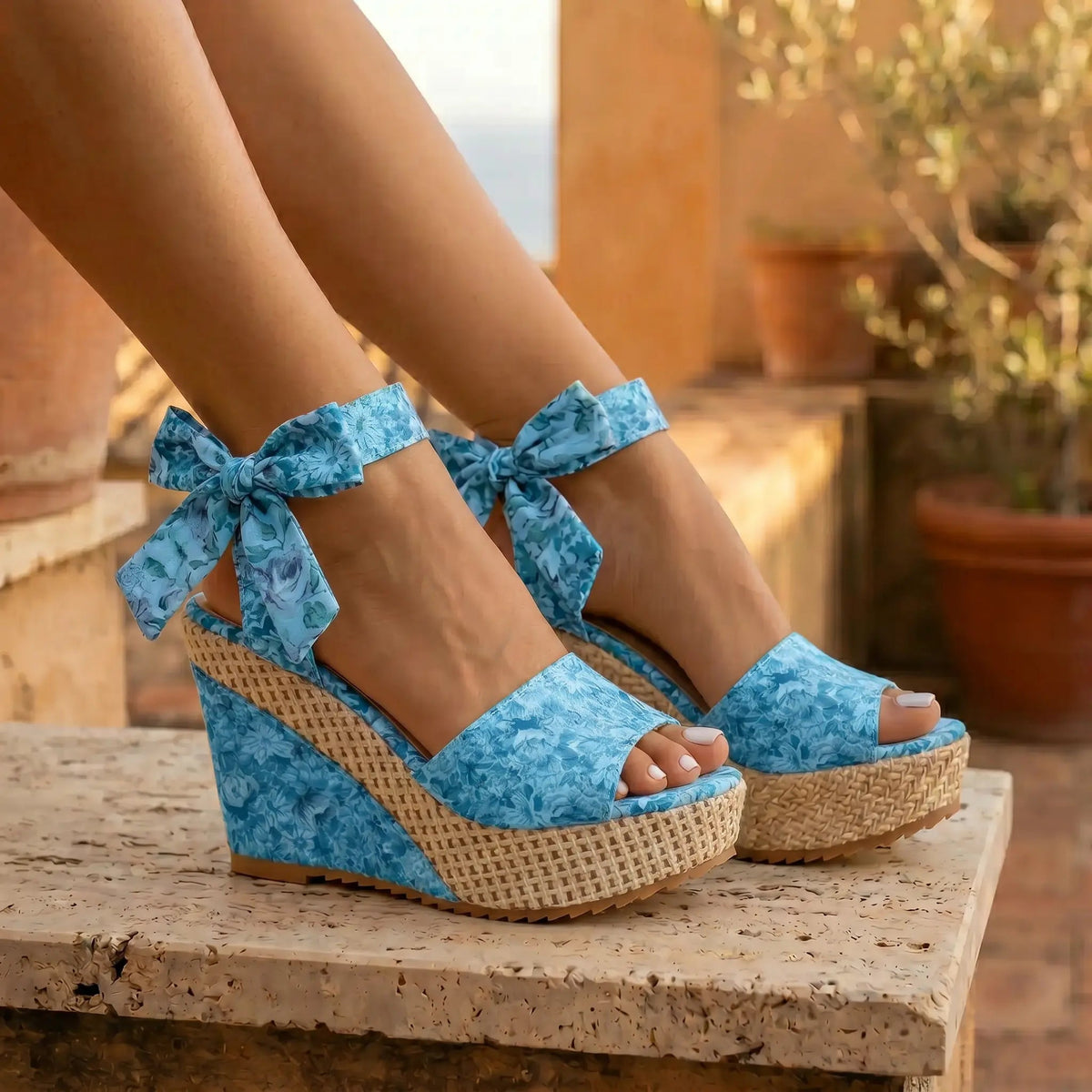 Oruzen Espadrille Wedges - Azure Blossom lifestyle
