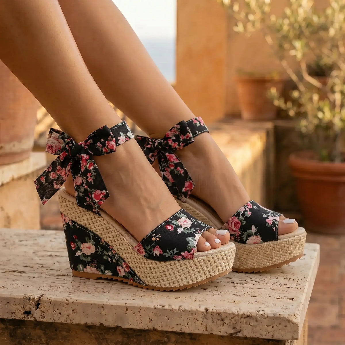 Oruzen Espadrille Wedges - Midnight Botanical black floral lifestyle