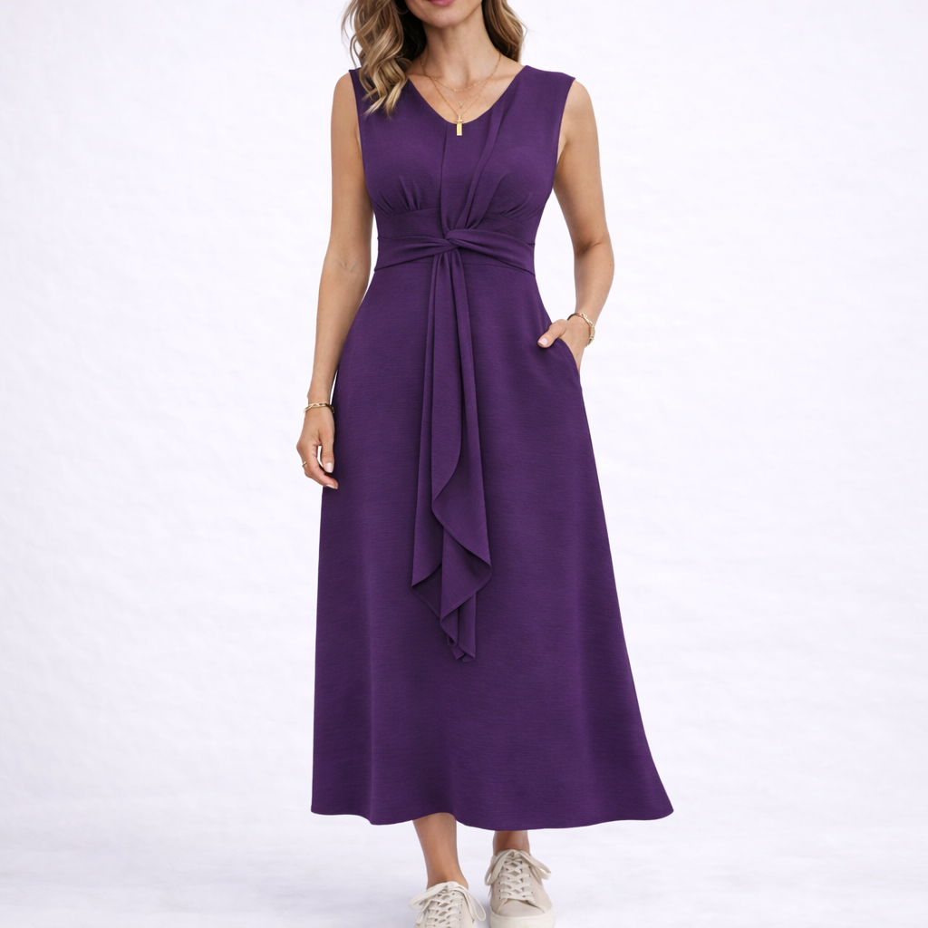 Sleeveless Waist-Tie Midi Dress - Purple