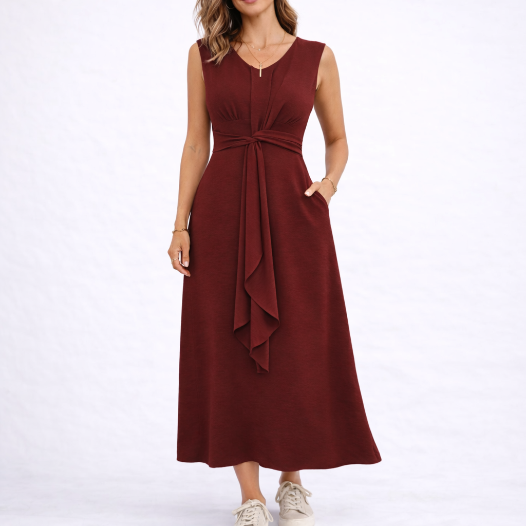 Sleeveless Waist-Tie Midi Dress - Red