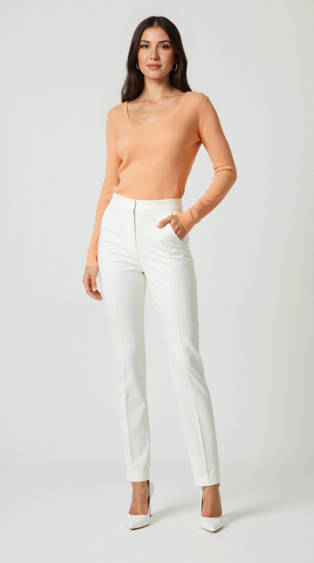 Aurora Ribbed V-Neck Sweater - Apricot