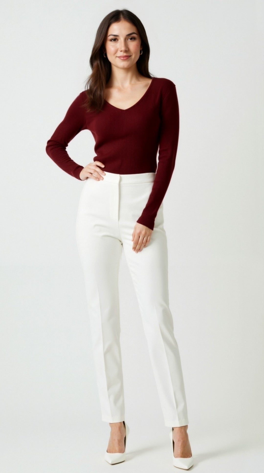 Aurora Ribbed V-Neck Sweater - Burgundy
