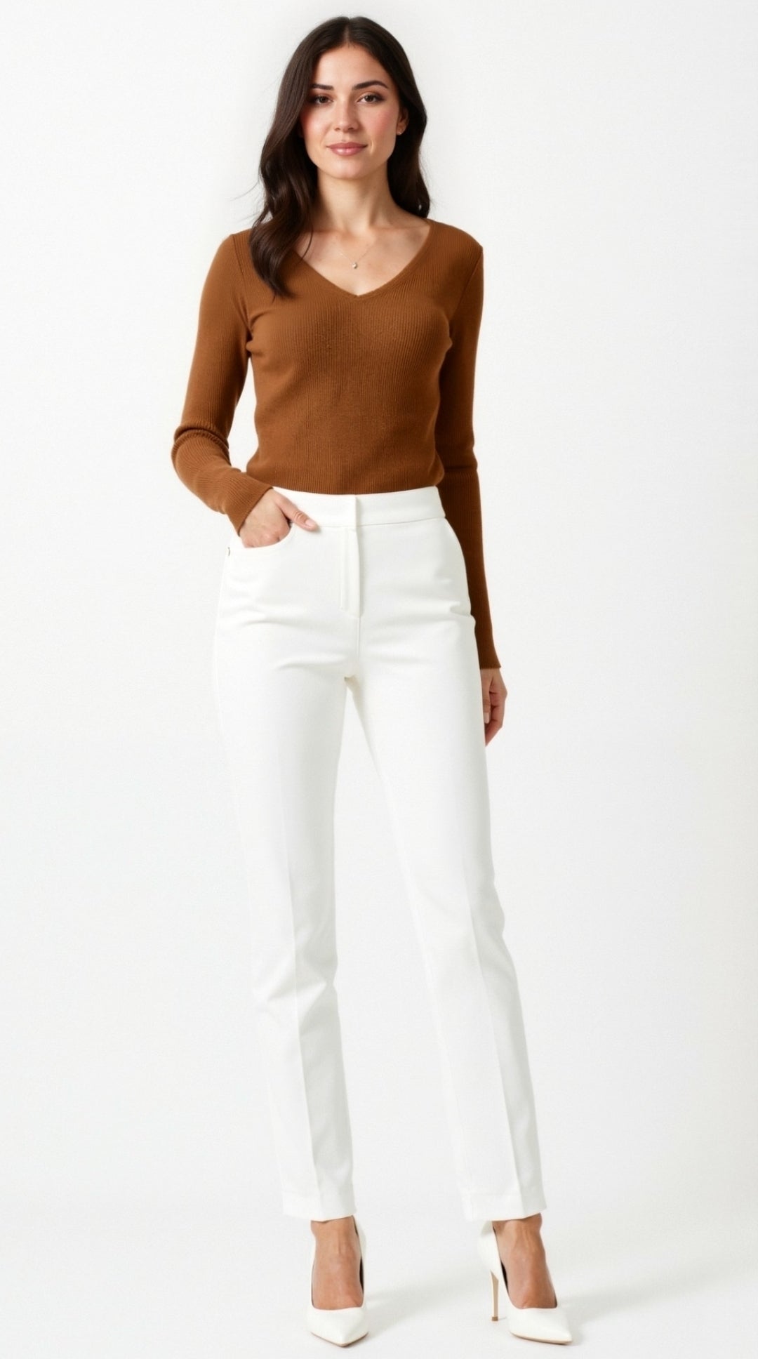 Aurora Ribbed V-Neck Sweater - Coffee