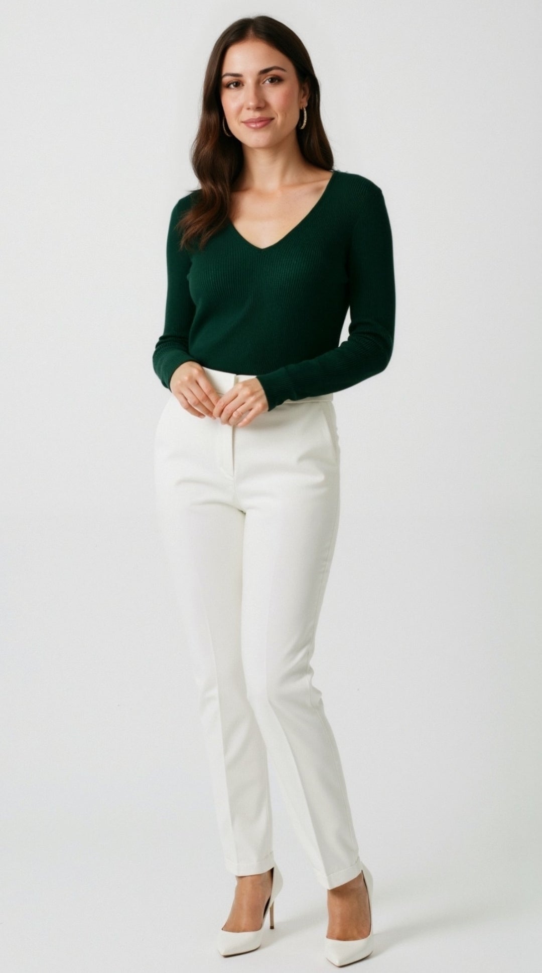 Aurora Ribbed V-Neck Sweater - Dark Green