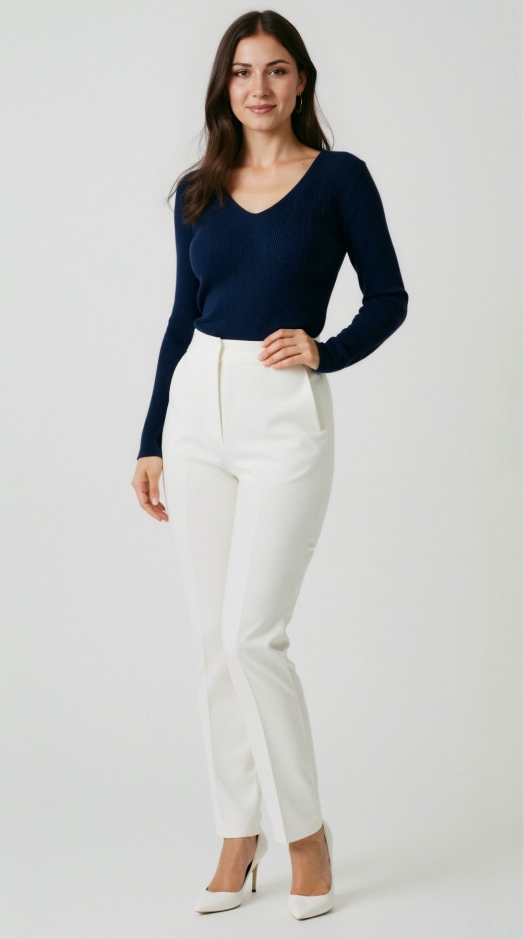 Aurora Ribbed V-Neck Sweater - Navy